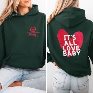 All Love Hoodie – Dark Green Pullover with Red Glitter Heart & Peace Over Power